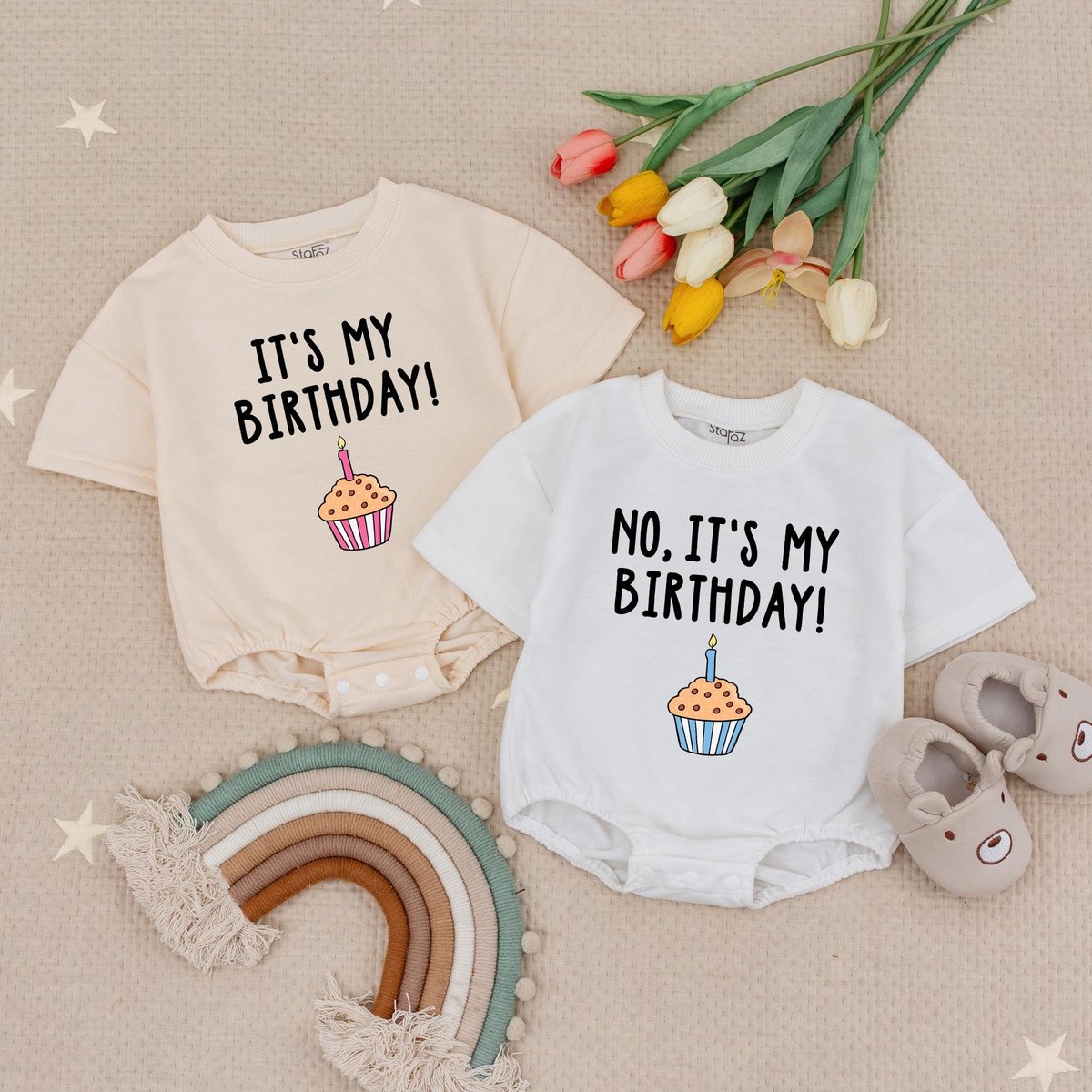 It's My Birthday No It's My Birthday Funny Twins Baby Romper First Birthday Boy Girl Cupcake Twins