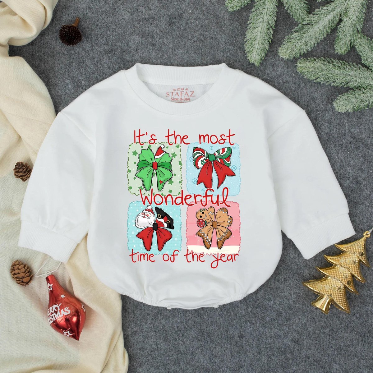 It's the Most Wonderful Time Of The Year Bubble Romper Santa Gingerbread Snowman Sweatshirt My Firs 437