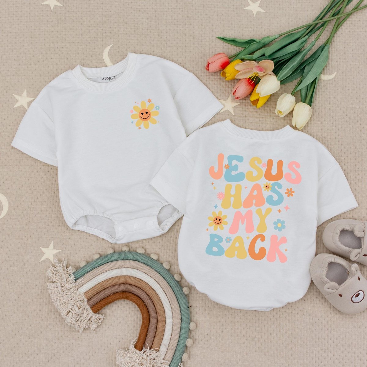 Jesus Has My Back Kids Baby Romper Retro Religious Boho Kid Gift Flower Church Babysuit Christian Gr