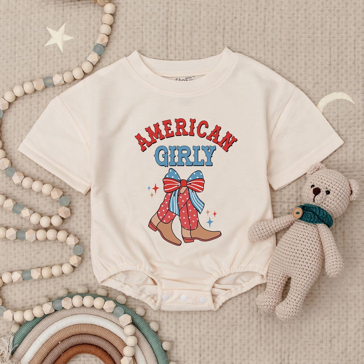 July 4th Outfit for Baby Girl American Girly Baby Romper Baby Girl Independence Day Outfit Bow Cowgi