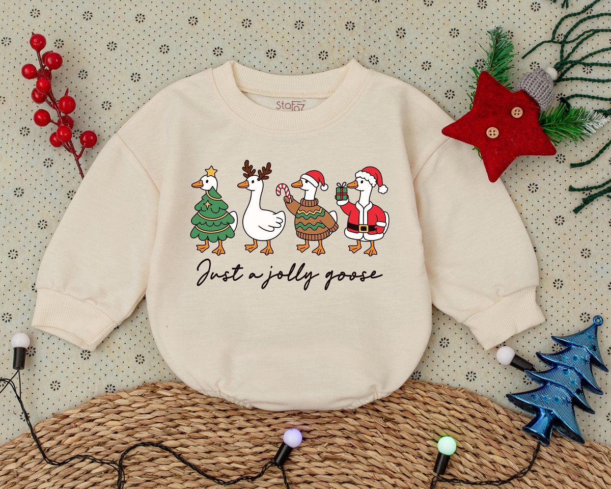 Just A Jolly Goose Bubble Romper Christmas Goose Baby Romper Duck Christmas Shirt Funny Christmas Sw