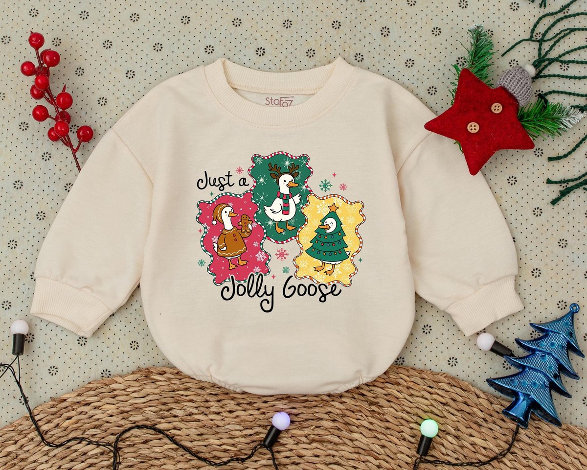 Just a Jolly Goose Christmas Bubble Romper Happy New Year Designs for Baby Clothes Funny Santa Chris