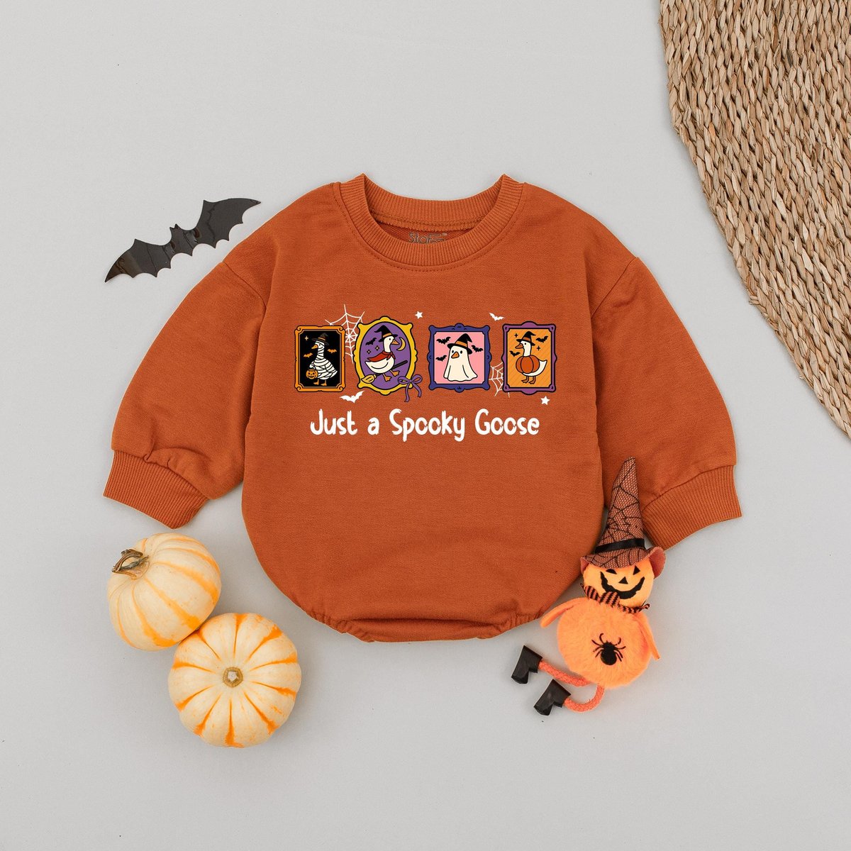 Just A Spooky Goose Bubble Romper Funny Halloween Goose Outfit Goose in Halloween Baby Romper Fall B