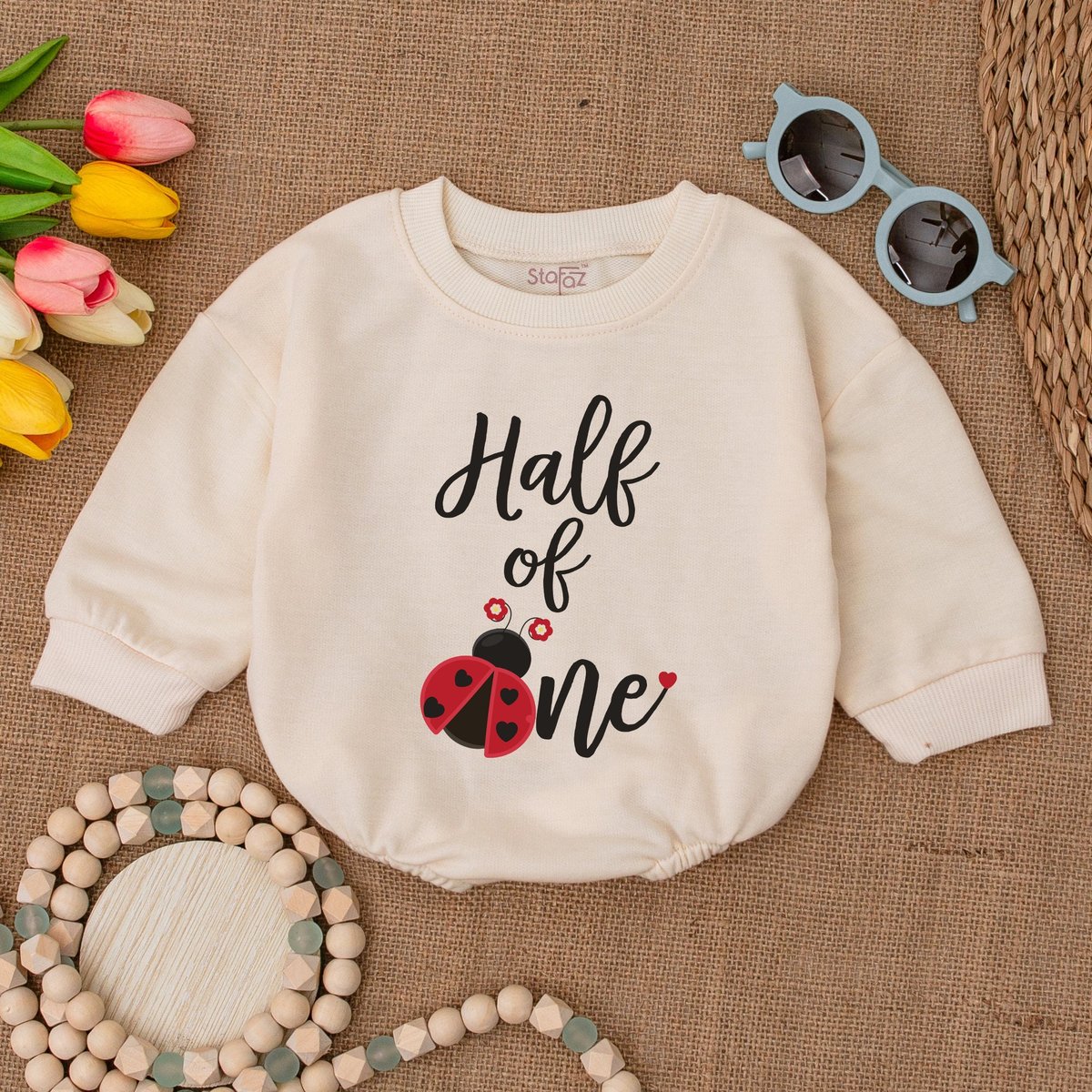 Ladybug Half of One Baby Romper Ladybug Half Birthday Bodysuit 6 Months Birthday Romper Ladybug Outf 172