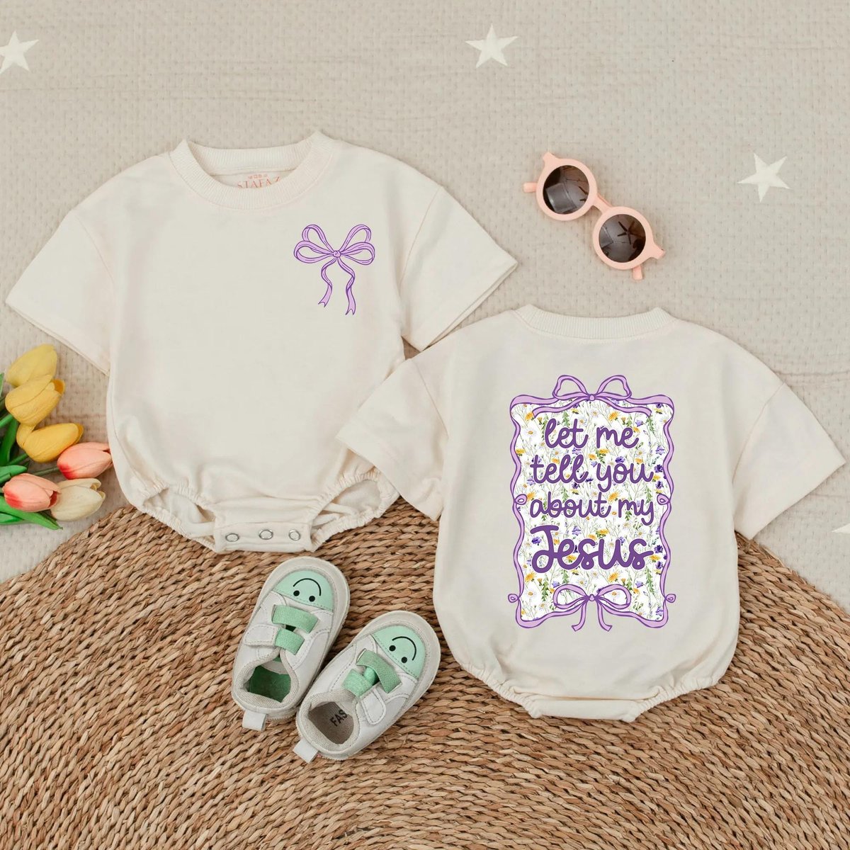 Let Me Tell You About My Jesus Christian Wildflower Short Sleeve Bubble Romper Religious Baby Outfit