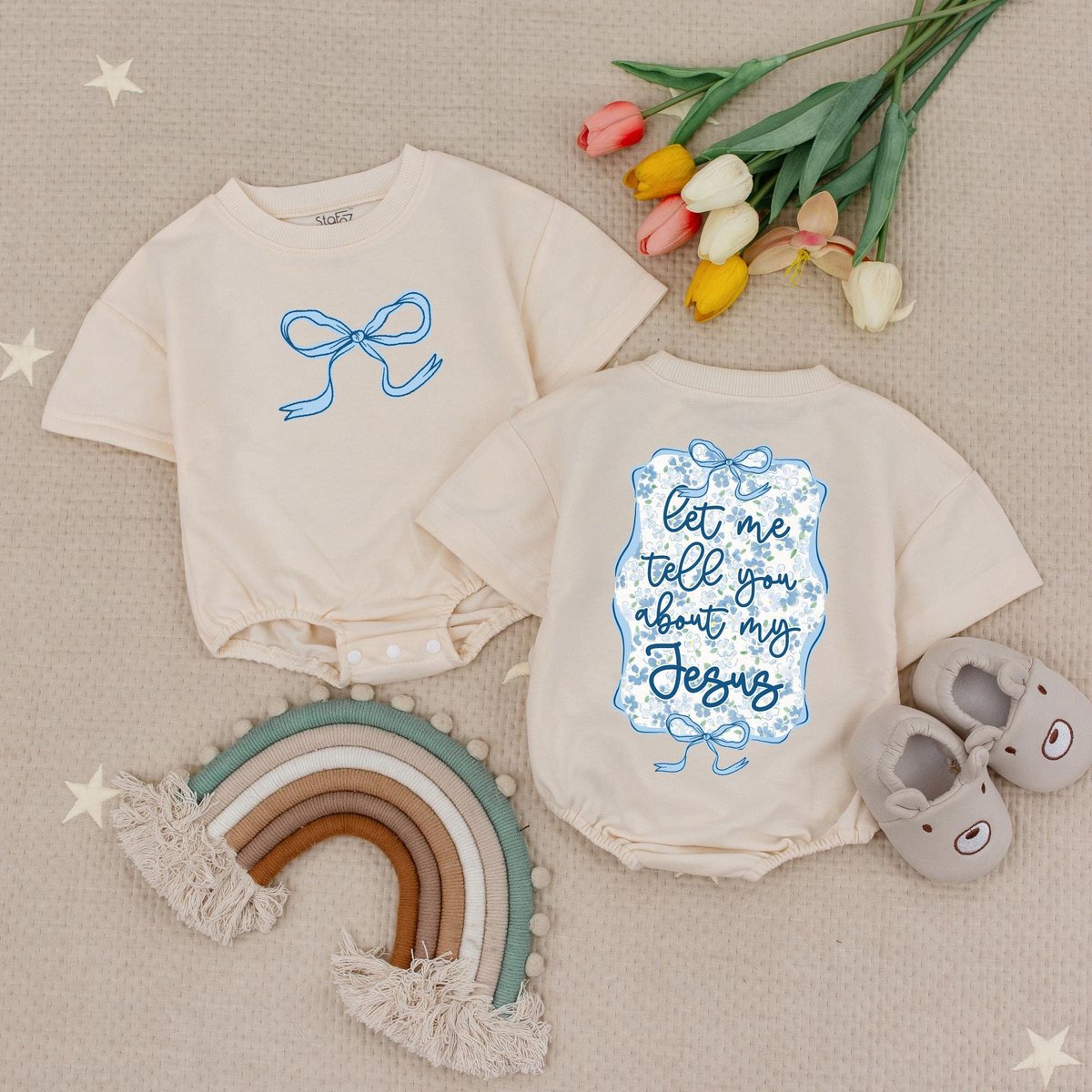 Let me tell you about my Jesus Wildflower Bubble Romper Christian Blue Bow Baby Romper Blue Bow Fram