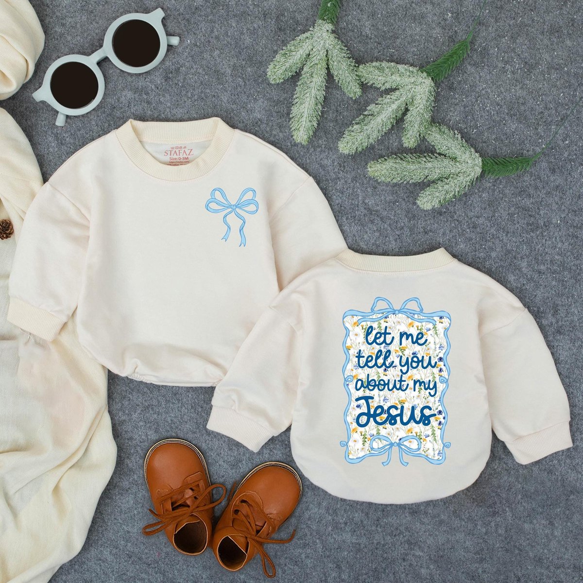 Let Me Tell You About My Jesus Long Sleeve Bubble Romper Baby Girl Christian Oversized Bodysuit Infa 435