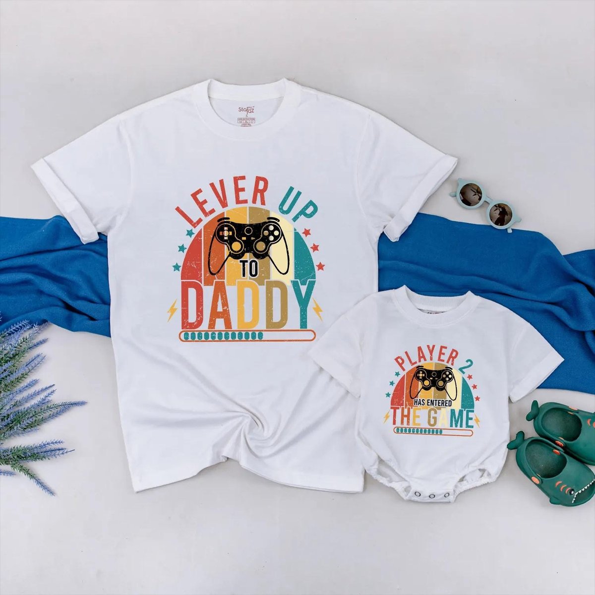 Level Up to Daddy Player 2 Baby Shirts Matching Gaming Tees for Dad and Baby Father's Day Gift for 430