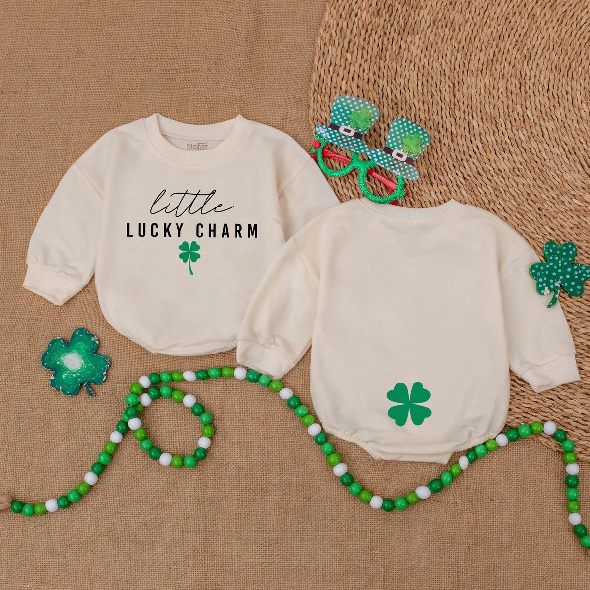 Little Charm Baby Romper  St Patrick's Day Bodysuit  Natural Irish Baby Outfit  Light Mauve Baby