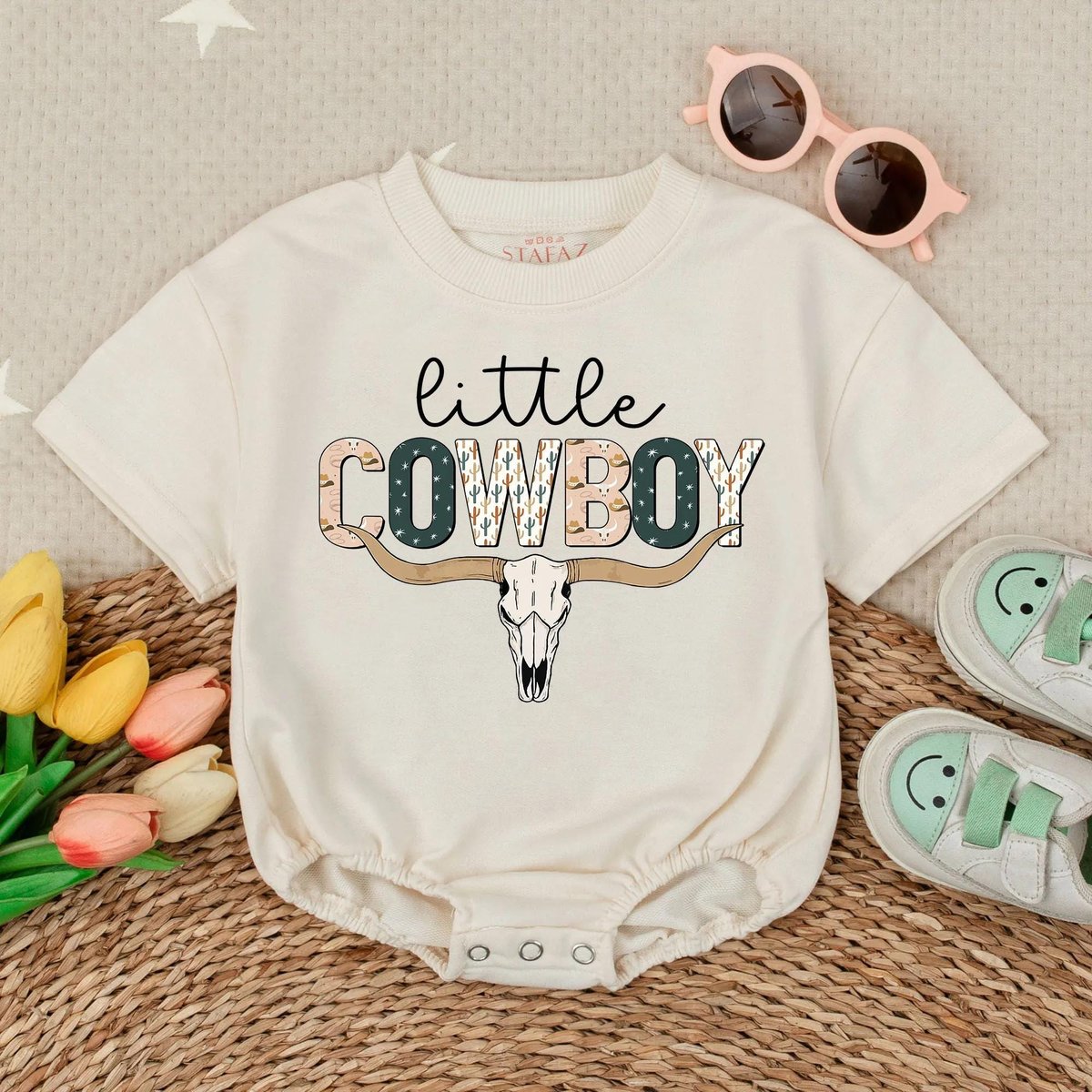 Little Cowboy Bubble Romper Western Baby Boy Outfit Short Sleeve Oversized Bodysuit Country Baby Clothing