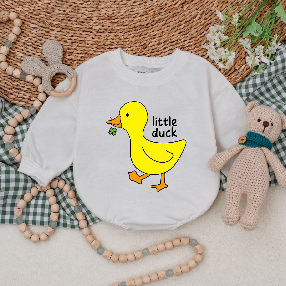 Little Duck with Clover Baby Romper Green Clover Baby Bodysuit Baby Patrick's Day Outfit First St P 182