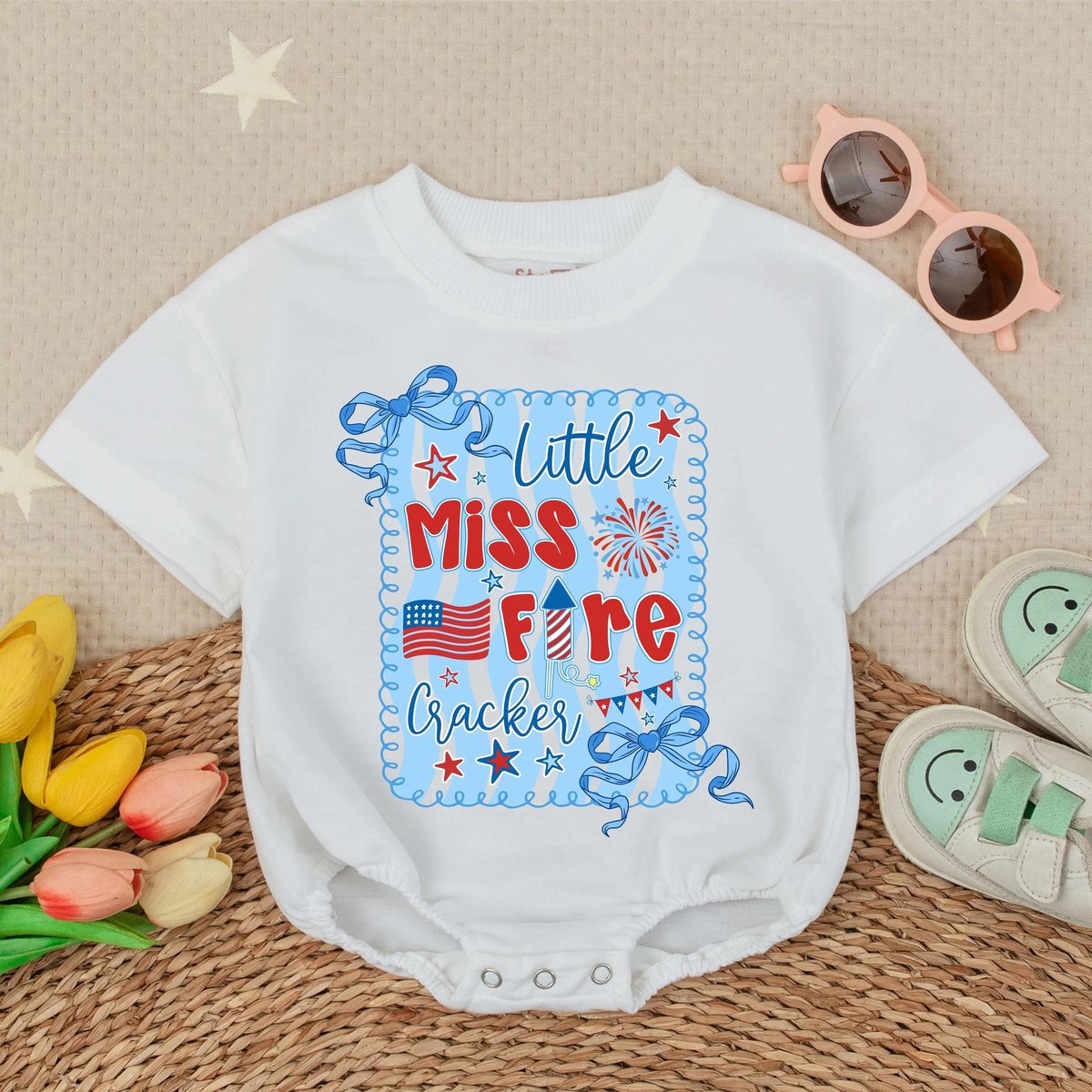 Little Miss Firecracker Baby Bubble Romper 4th of July Baby Clothes Toddler Independence Day Outfit