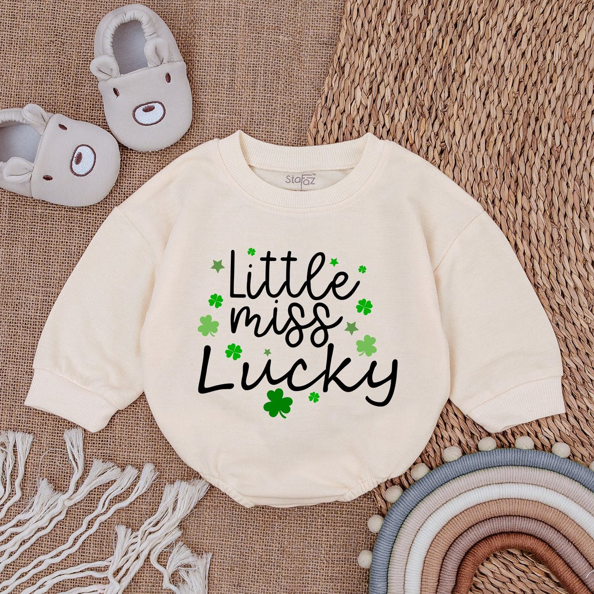 Little Miss Lucky Baby Romper  St Patrick's Day Bodysuit  Natural Irish Baby Outfit Light Mauve B