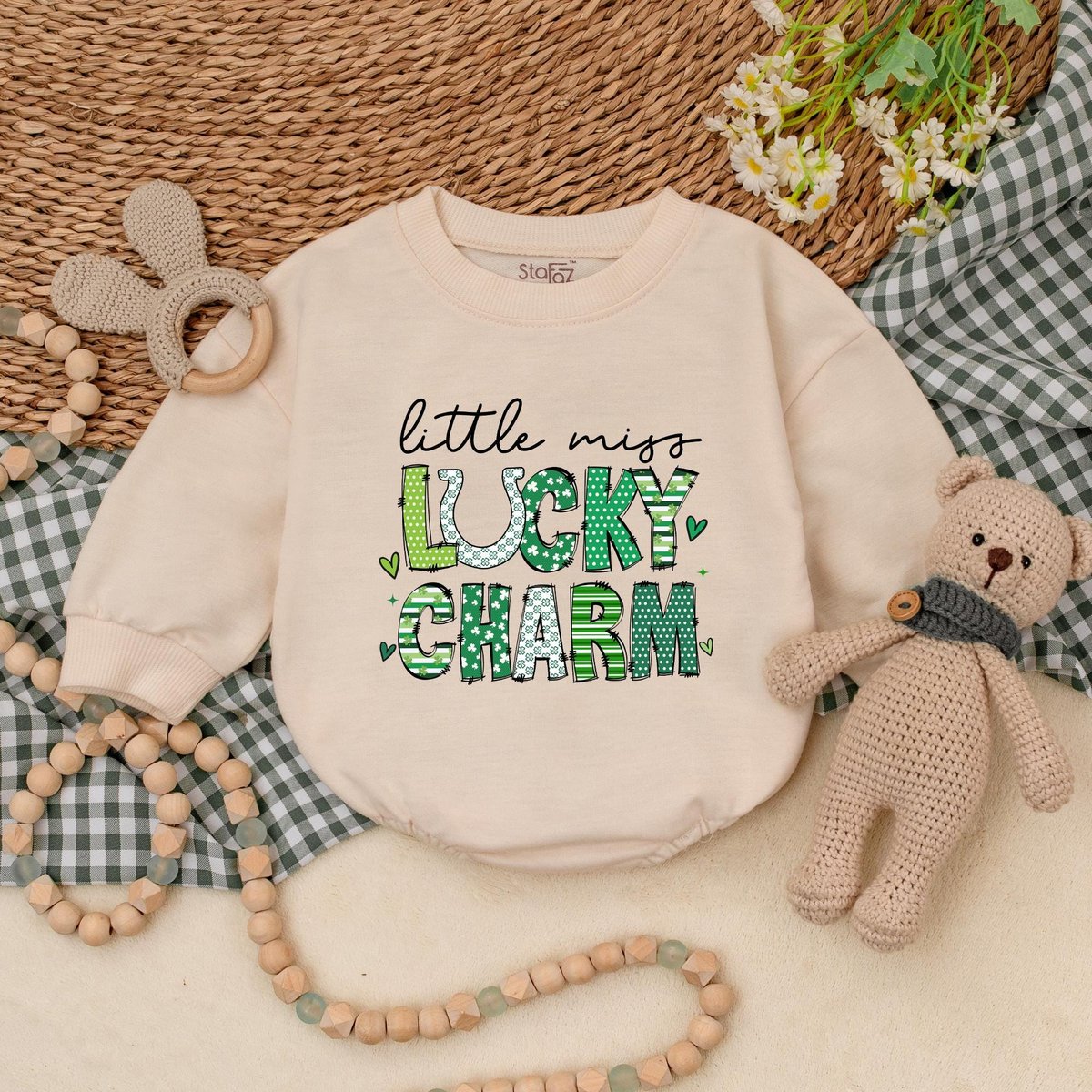 Little Miss Lucky Charm Baby Romper Green Clover Baby Bodysuit Baby Patrick's Day Outfit First St P 184