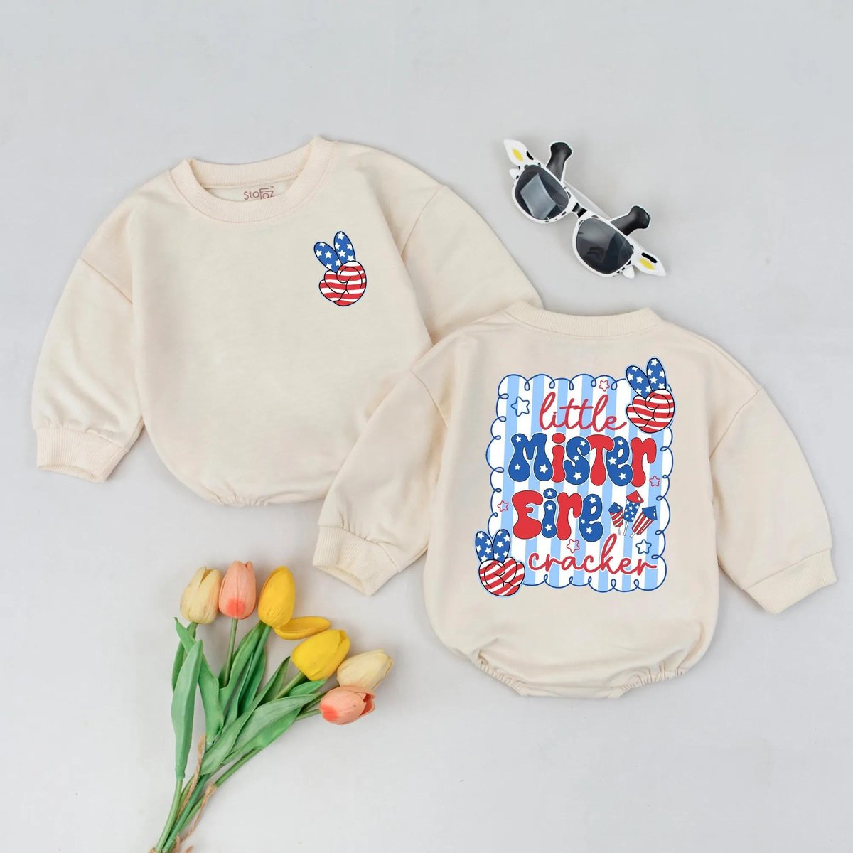 Little Mister Firecracker Baby Romper 4th of July Baby Boy Outfit Patriotic Baby Clothes USA Baby Su 431