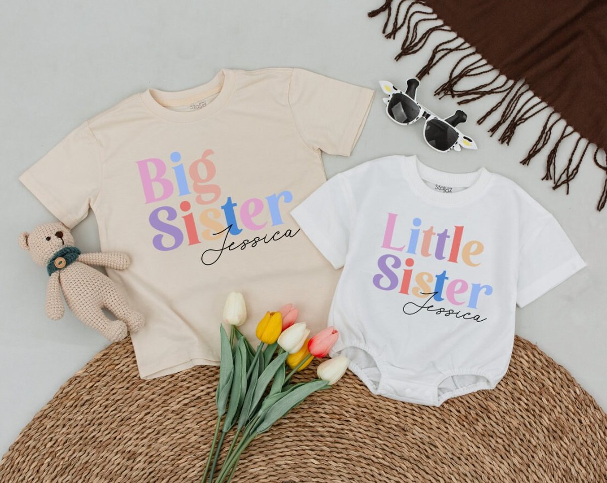 Little or Big Sister Custom Name Boho Baby Girls Shirt Matching Big Brother and Little Brother Outfi 167