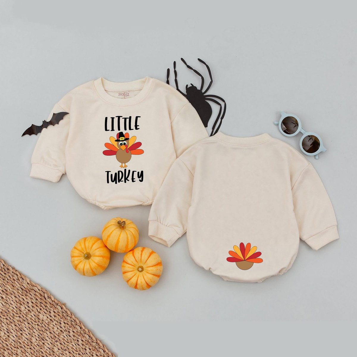 Little Turkey Butt Baby Thanksgiving Romper Outfit for Baby Turkey Tail Feathers Front and Back Funn