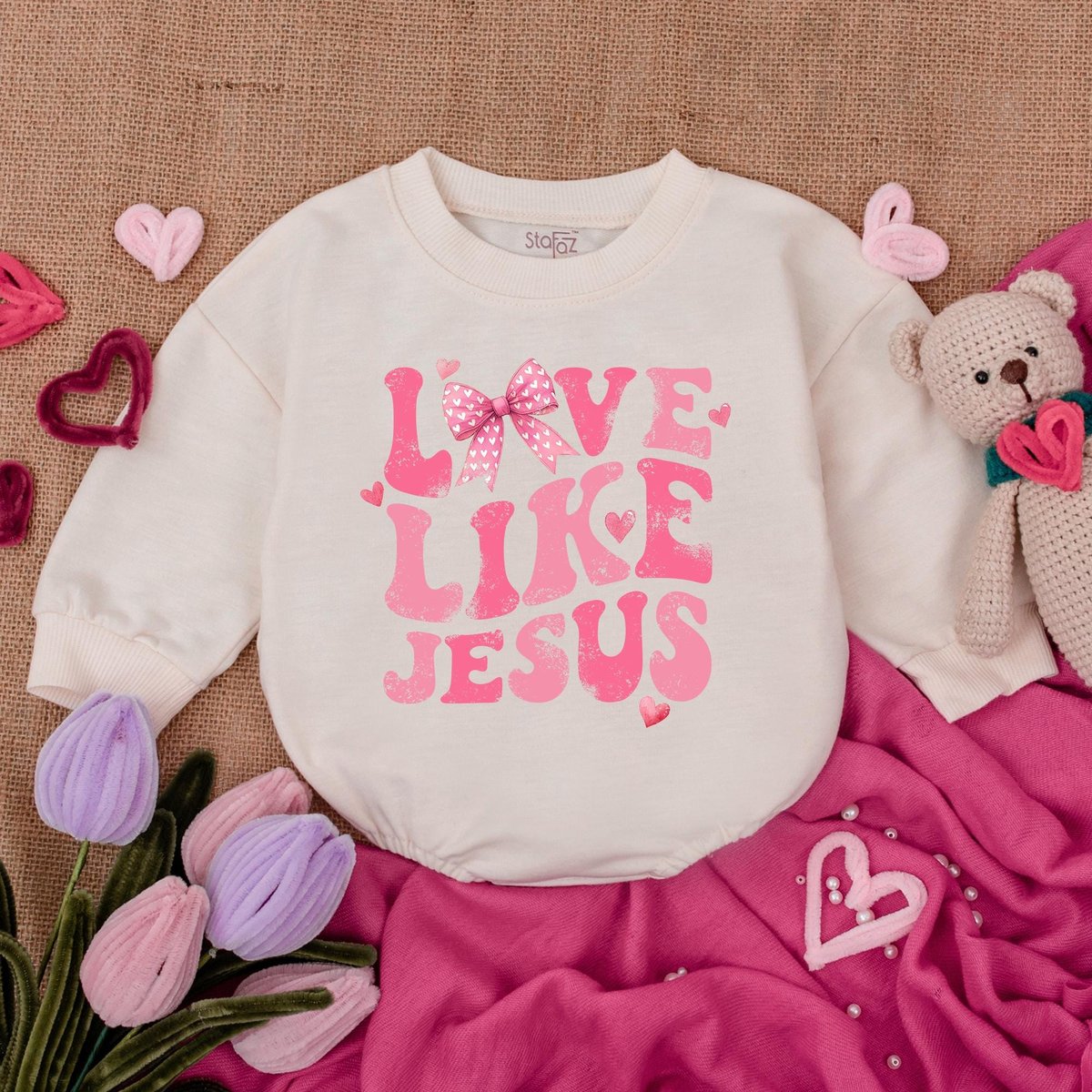 Love Like Jesus Romper  First Valentine Baby Outfit  Valentine Bubble Romper  Girls Valentine
