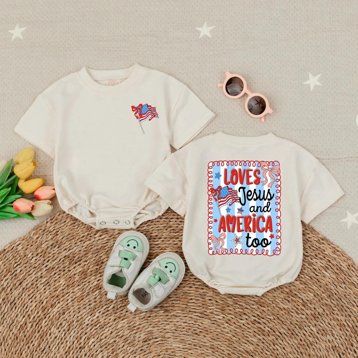 Loves Jesus and America Too Bubble Romper Short Sleeve 4th of July Clothes Christian American Gift U