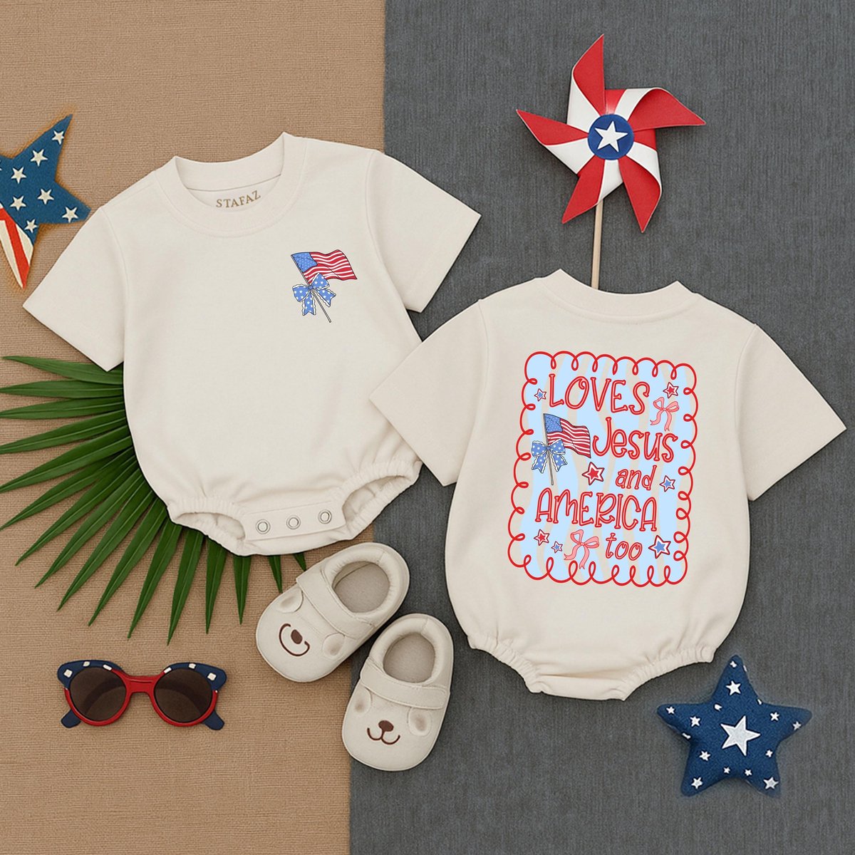 Loves Jesus and America Too Short Sleeve Bubble Romper Patriotic Baby Outfit Red White Blue Toddler 431