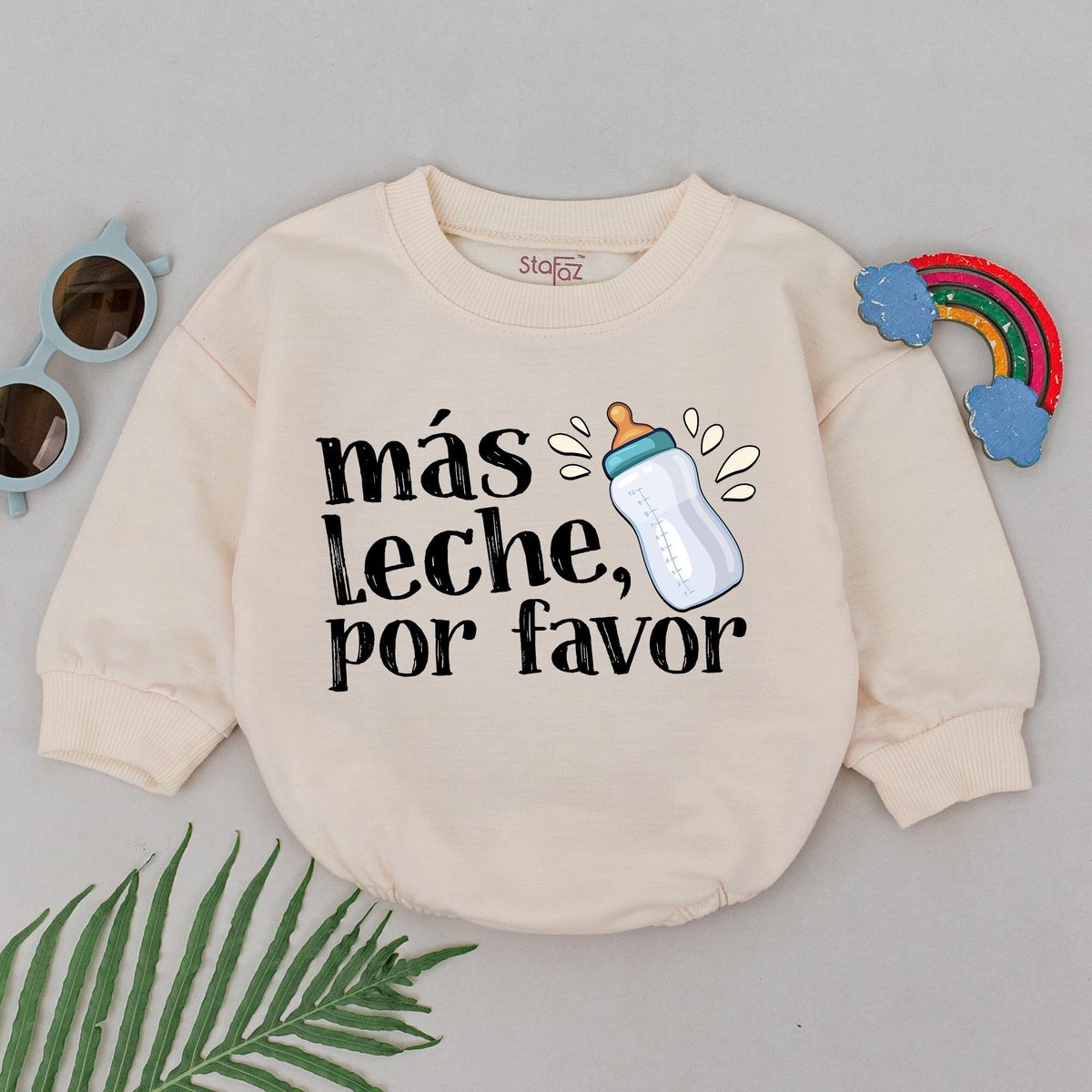 Más Leche Por Favor Baby Romper Funny Spanish Bodysuit Milk Bottle Baby Outfit Bilingual Baby Shower
