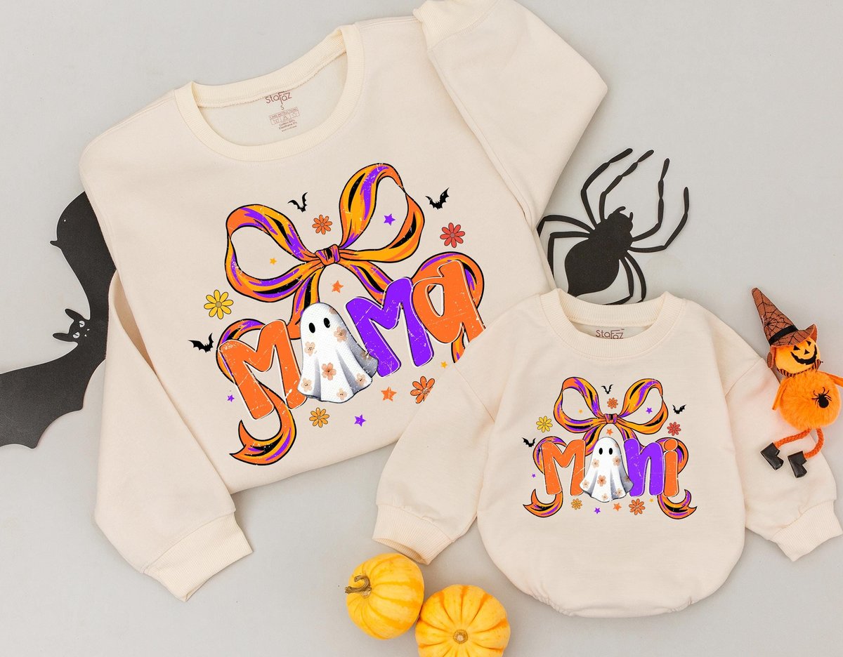 Mama and Mini Bow Halloween Sweatshirts Fall Mommy and Me Sweaters Halloween Matching Shirts Retro H 436