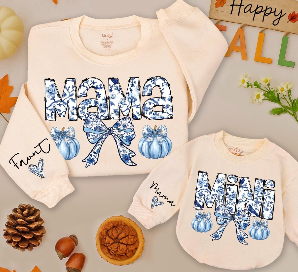 Mama And Mini Chinoiserie Sweatshirts Mama Girl Mom And Baby Matching Outfit Fall Sweater Blue Ribbo 435