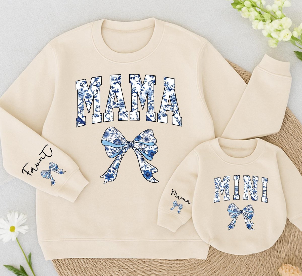 Mama And Mini Chinoiserie Sweatshirts Custom name Mom Baby Matching Outfit Blue Ribbon Baby Romper R 435