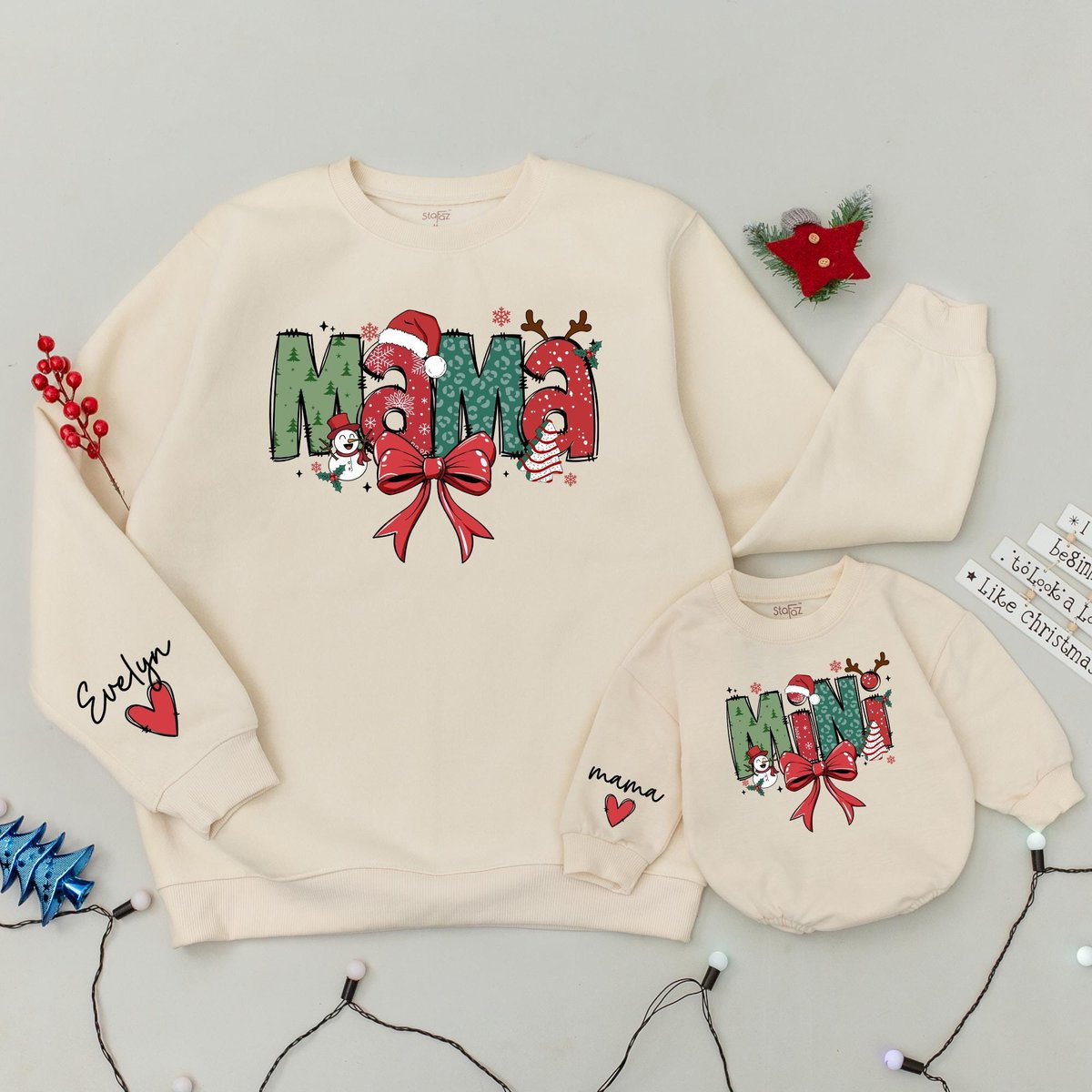 Mama and Mini Claus Xmas Sweatshirt Custom Family Christmas Sweater Matching Holiday Outfit Mommy an 436