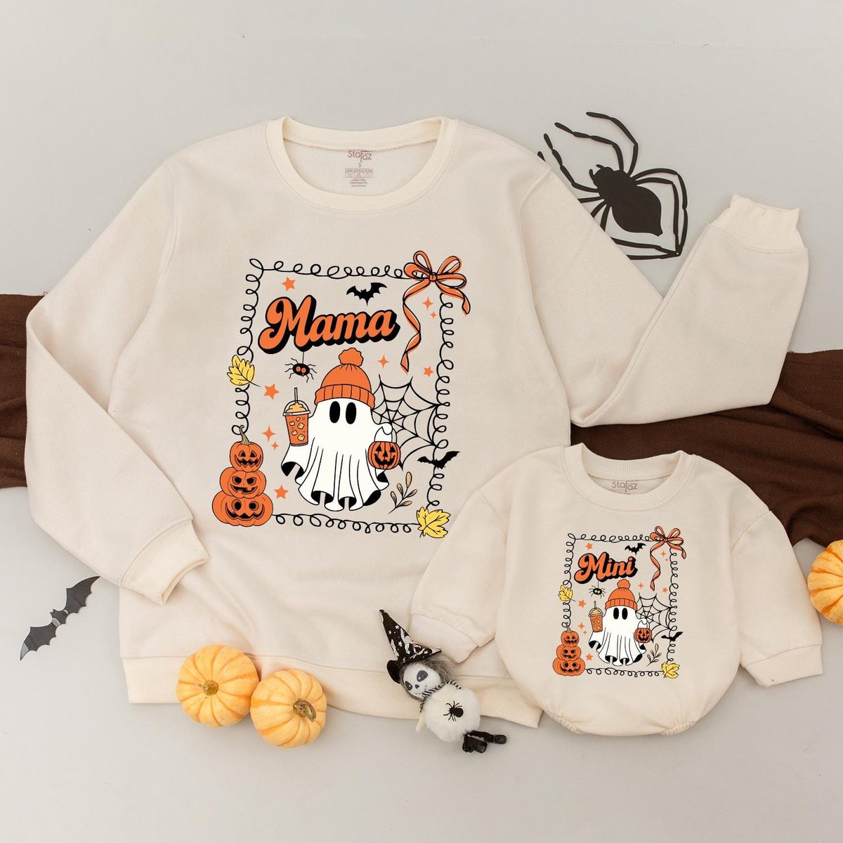 Mama and Mini Halloween Matching Sweatshirts Fall Mommy and Me Sweaters Retro Halloween Boo Hallowee 436