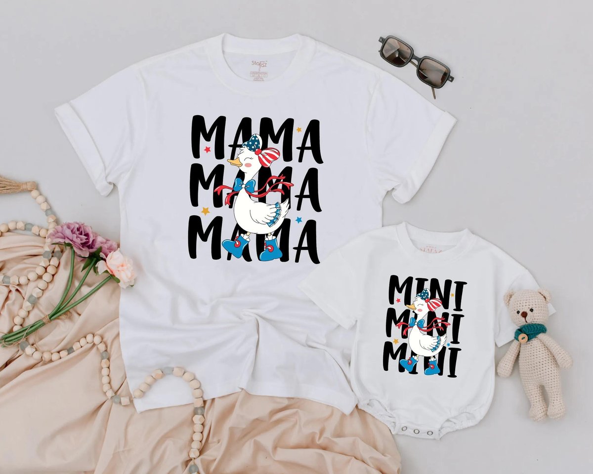Mama and Mini Matching 4th of July Outfits Funny Goose USA Shirts Patriotic Baby Romper and Mom Tee 429