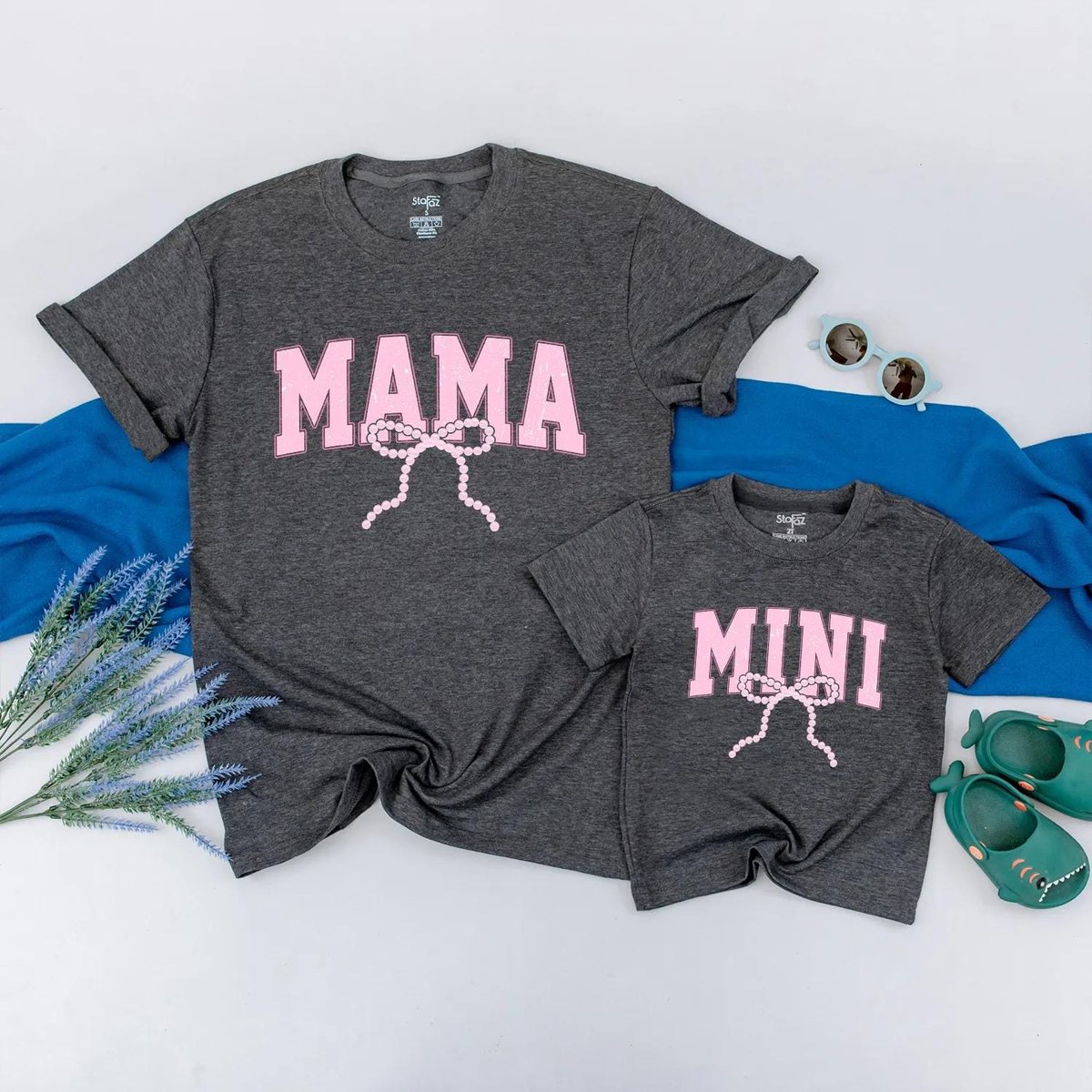 Mama and Mini Matching Summer Shirts Pearl Bow Mommy and Me Outfits Cute Pink Mom and Daughter Vacat 429