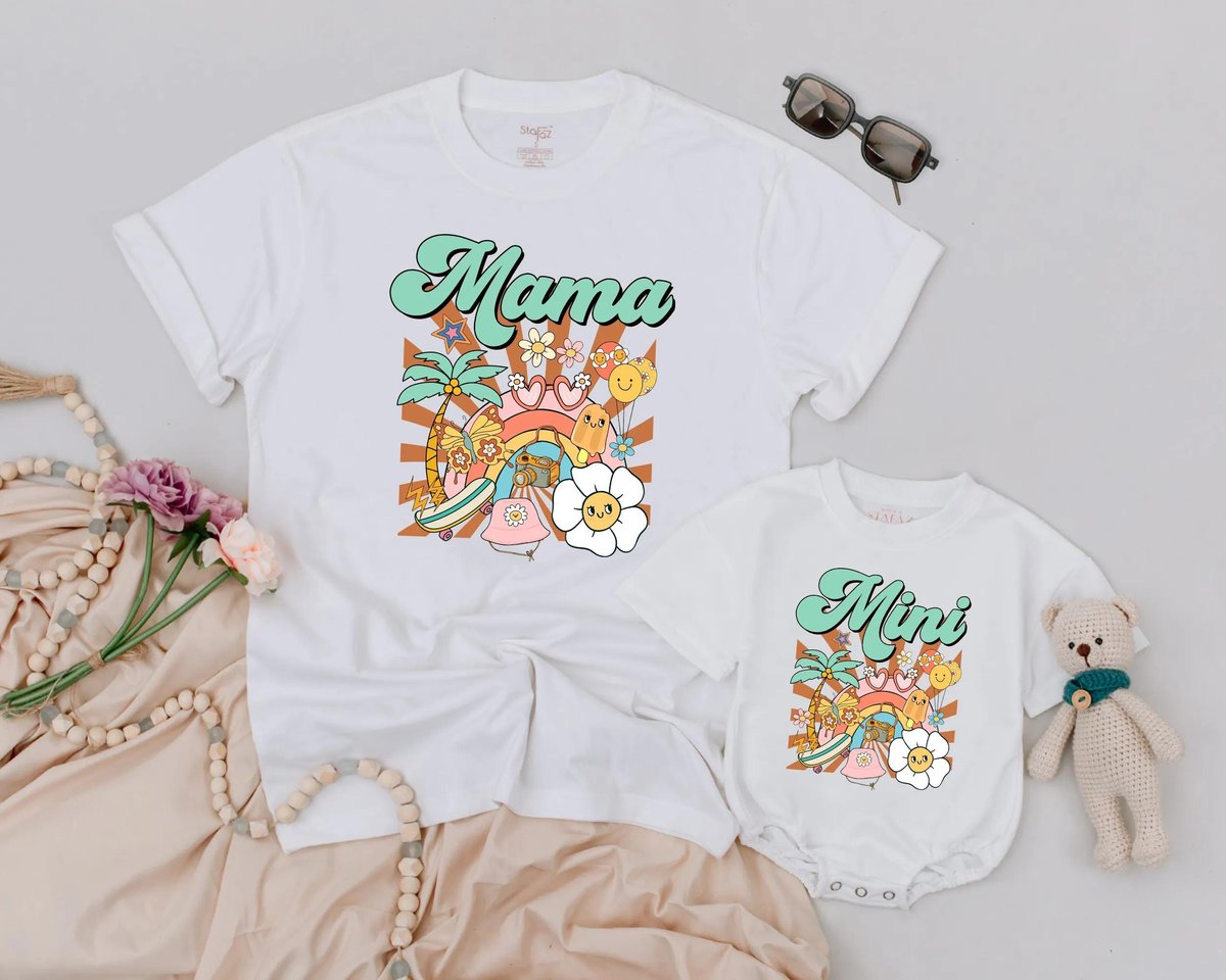 Mama and Mini Summer Matching Shirts Mother's Day Outfit Mom and Daughter Retro Groovy Beach Shirt 189