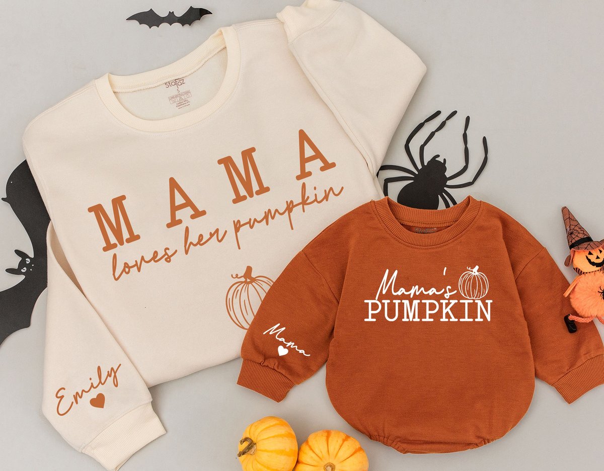 Mama loves her pumpkin and Mamas Pumpkin Sweatshirts Mommy and Me Sweaters Personalized Matching Out 176
