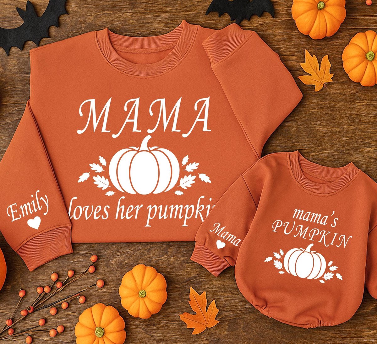 Mama loves her pumpkin and Mamas Pumpkin Sweatshirts Mommy and Me Sweaters Personalized Matching Out 434