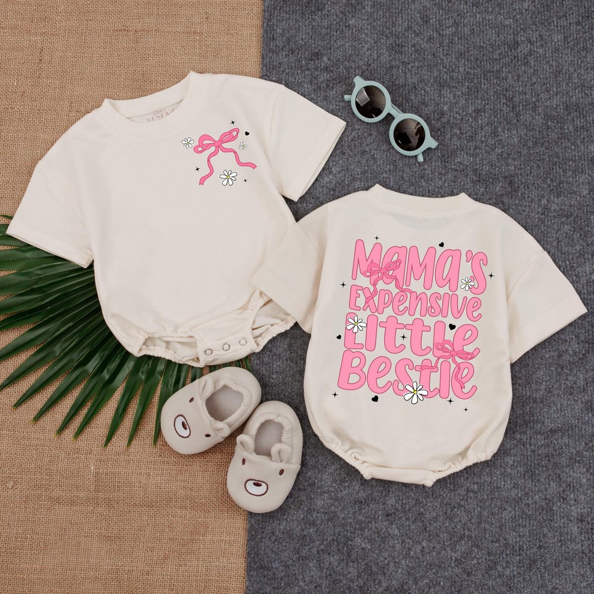 Mama's Expensive Little Bestie T shirt Bubble Romper Bow Baby Outfit Boho Girl Clothes Mother's Da 188
