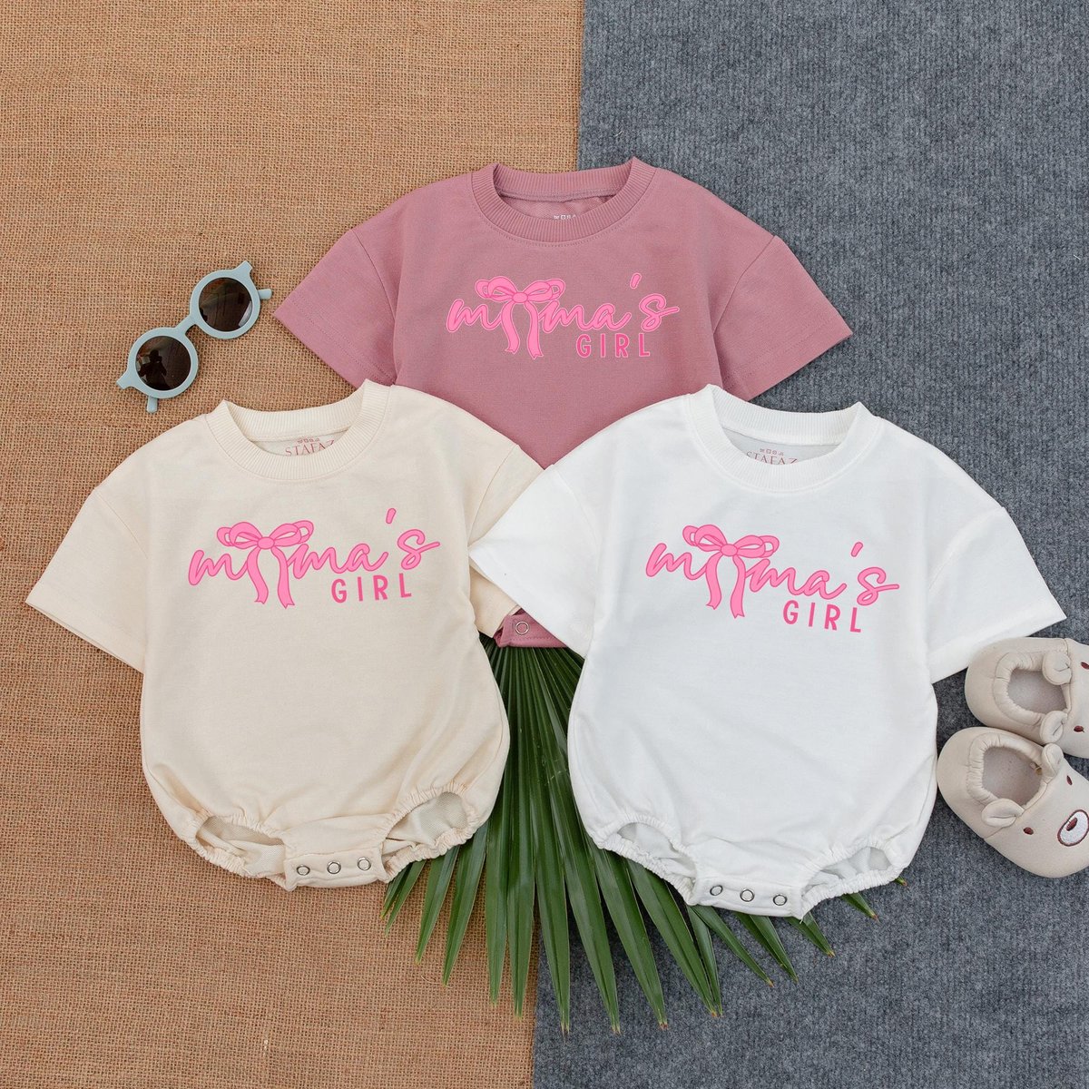 Mama's Girl Pink Bow Bubble Romper Baby Baggy T shirt Romper Mama's Little Bestie Tee Fathers Day 189