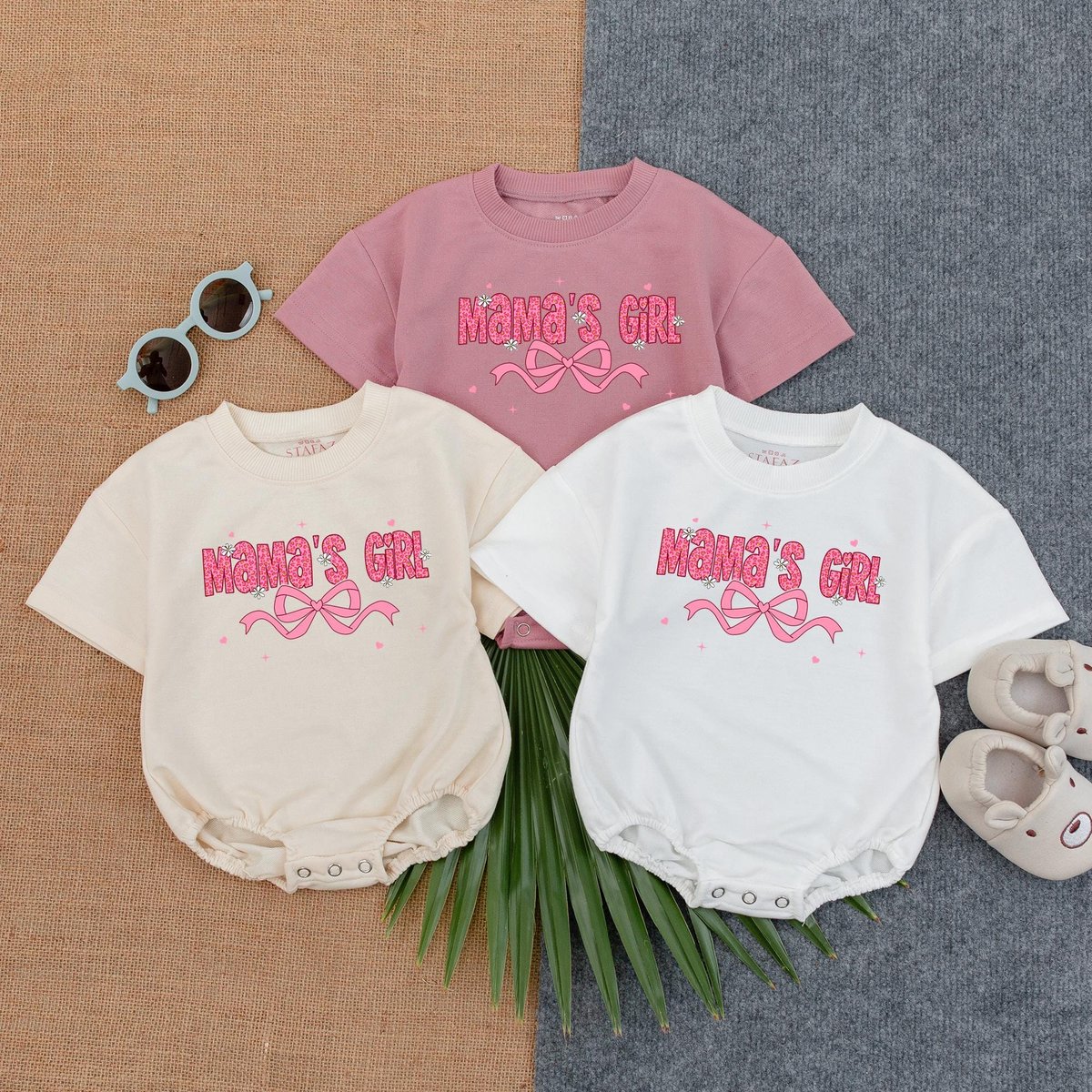 Mama's Girl Pink Bubble Romper Baby Baggy T shirt Romper Mama's Little Bestie Tee Fathers Day Gift 189