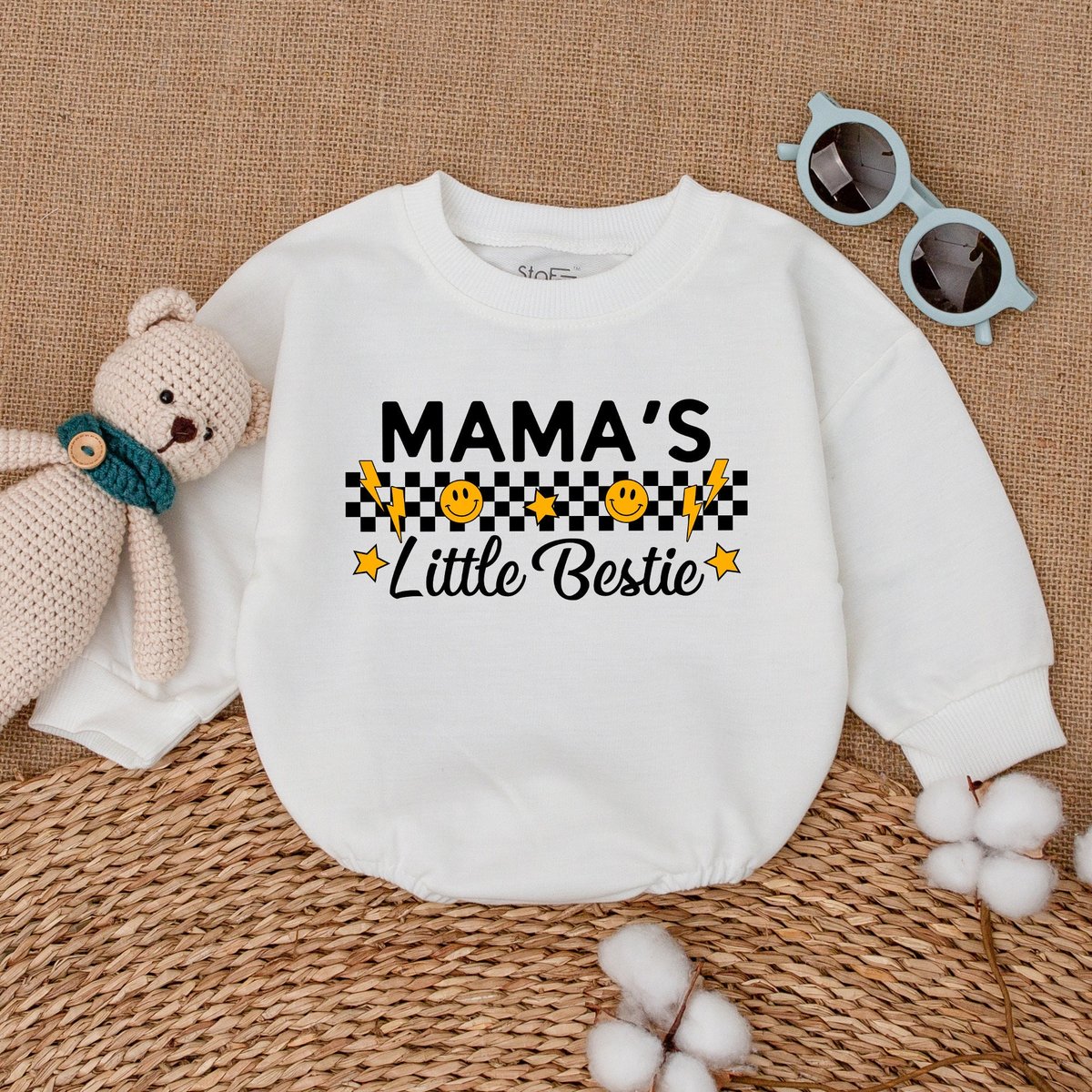 Mama's Little Bestie Romper Smiley Face Baby Bodysuit Mother's Day Gift Best Mom Ever Retro Neutra 171