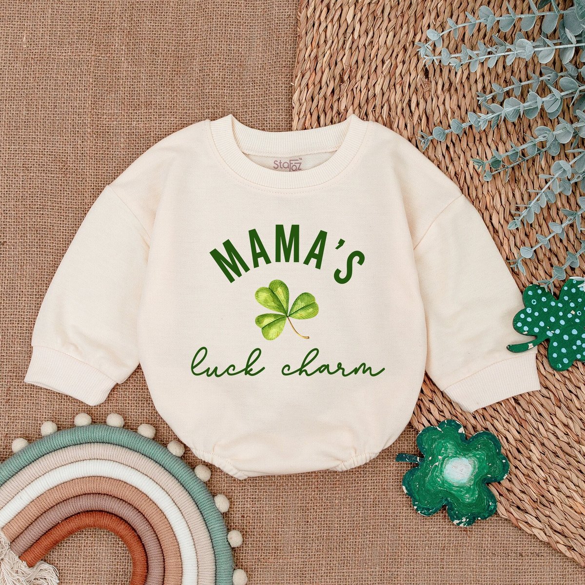 Mama's Little Charm Baby Romper  St Patrick's Day Bodysuit Natural Irish Baby Outfit Light Mauve