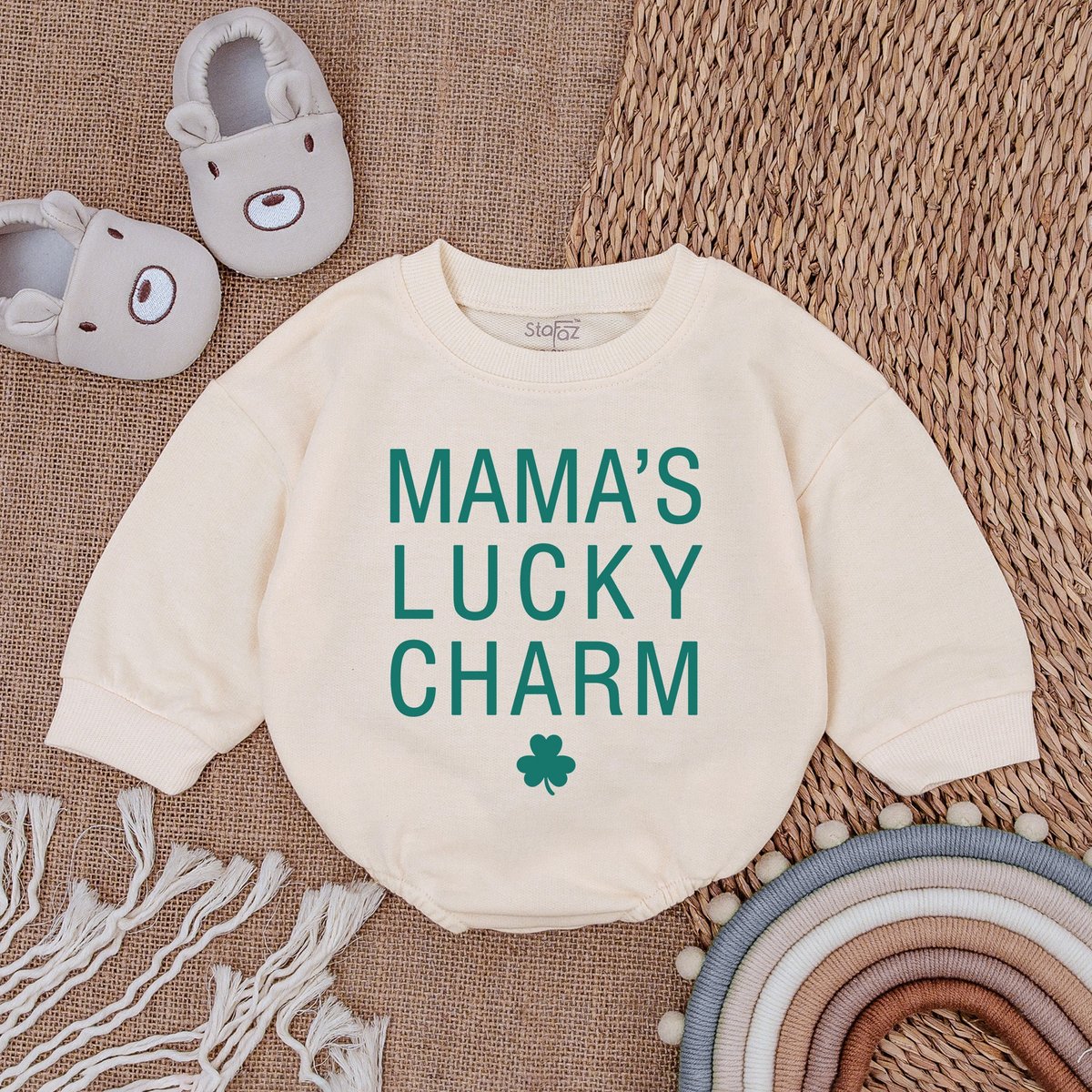 Mama's Lucky Charm Baby Romper St Patrick's Day Bodysuit  Natural Irish Baby Outfit Light Mauve