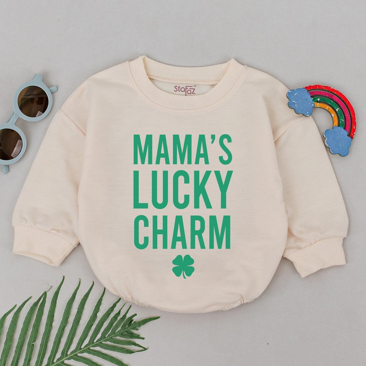 Mama's Lucky Charm Baby Romper First Patrick's Day Shamrock Romper Natural Baby Shower Gift 1st Pa