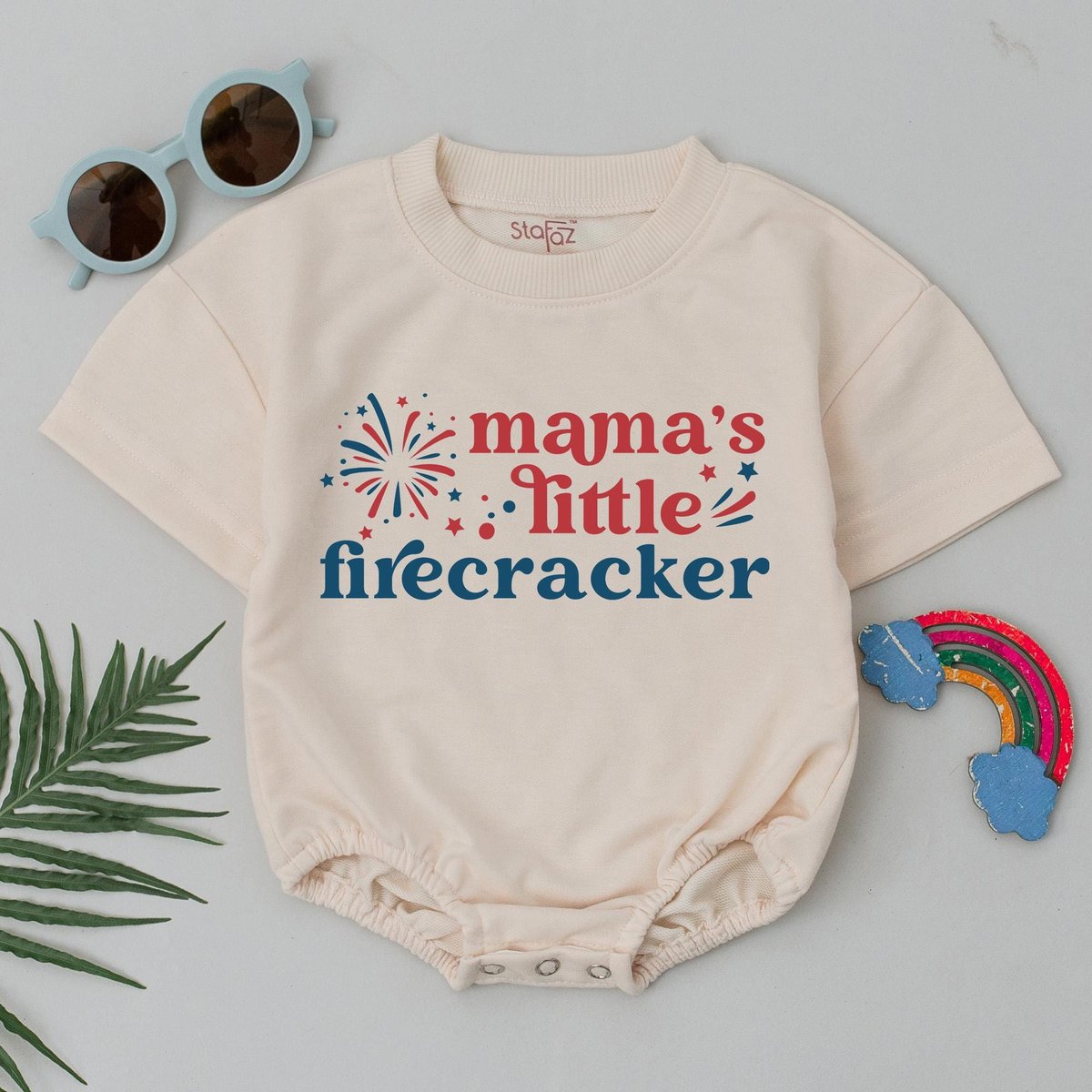 Mamas Little Firecracker Baby Romper Patriotic 4th of July Outfit Red White Blue Bodysuit Independen