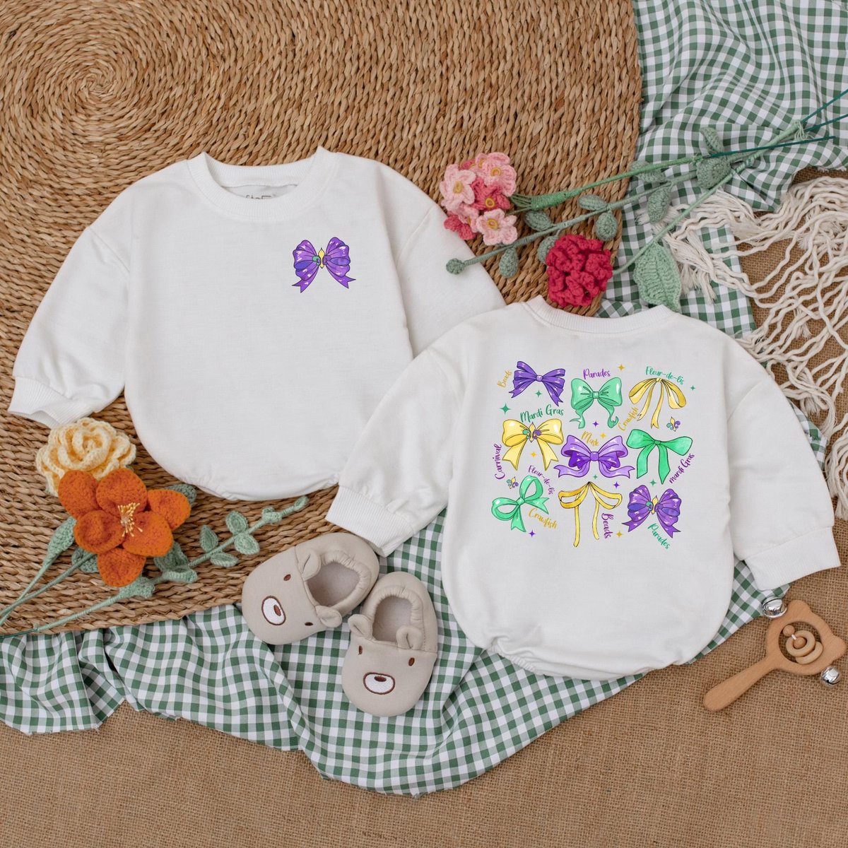 Mardi Gras Bow Baby Romper Cute Mardi Gras Bodysuit Mardi Gras Baby Girl Outfit Sweatshirt Bubble Ro 187