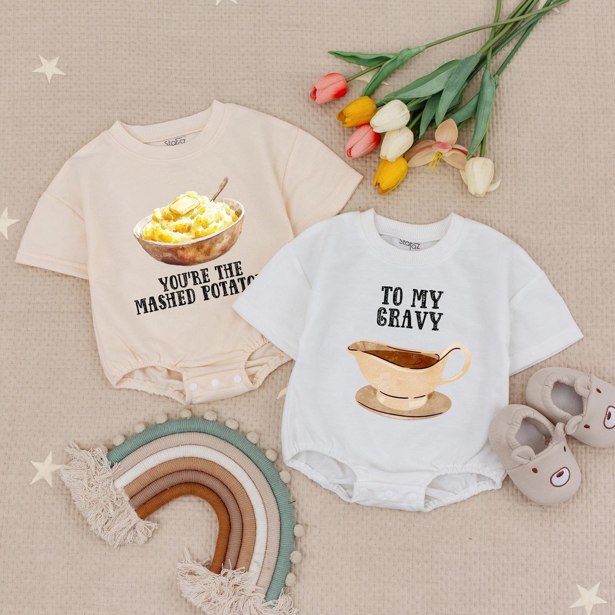 Mashed Potato and Gravy Twins Baby Romper Matching Thanksgiving Baby BodysuitsFunny Food Baby Outfit