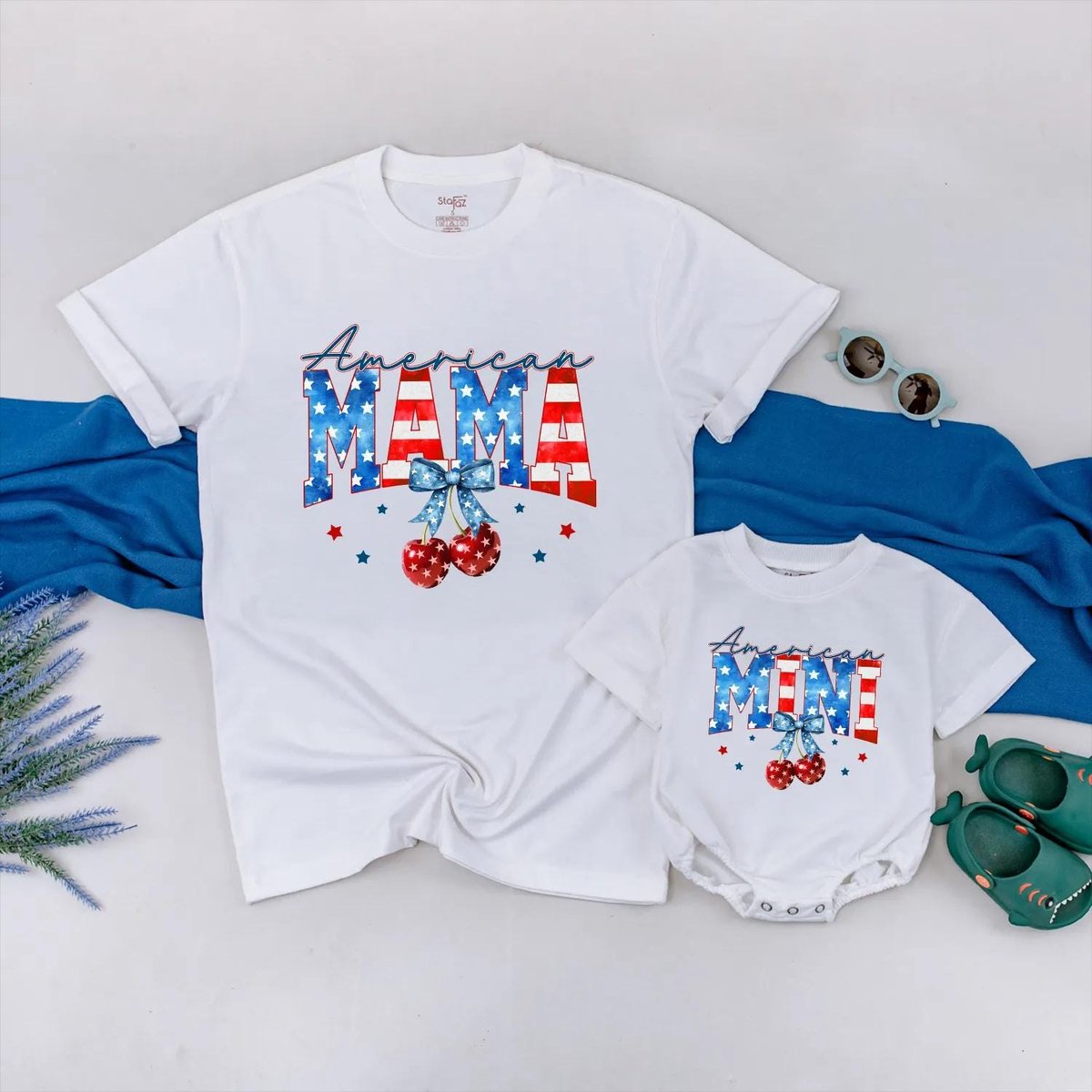 Matching American Mama and Mini Shirt 4th of July Mommy and Me Outfit Patriotic Cherry Shirt for Mom 430