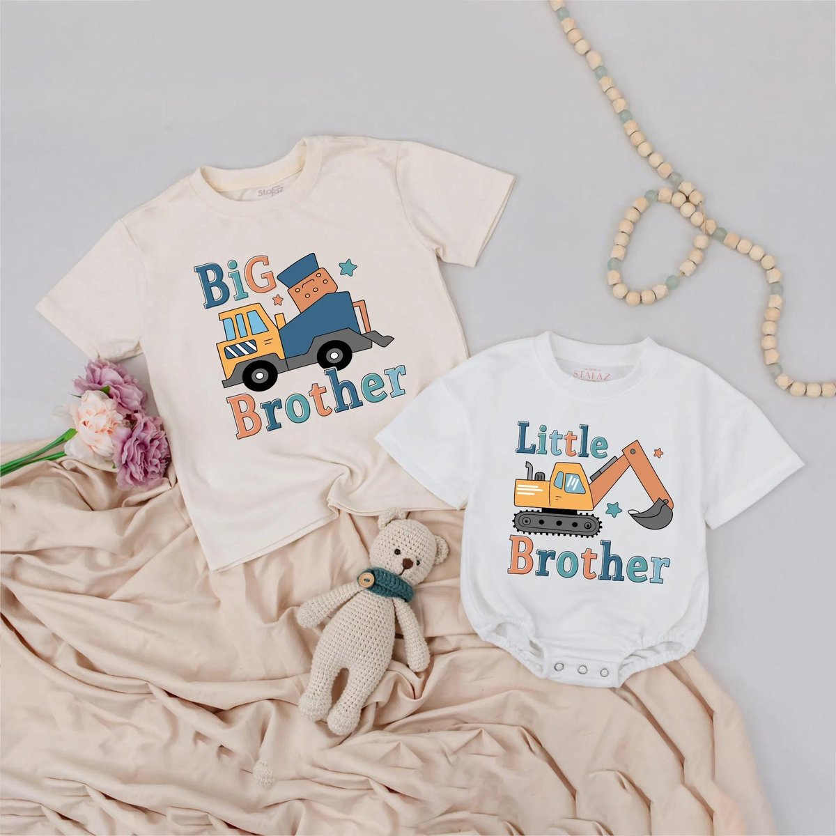 Matching Big Brother and Little Brother Construction Outfit Truck Theme Sibling Shirt Sibling Announ 430