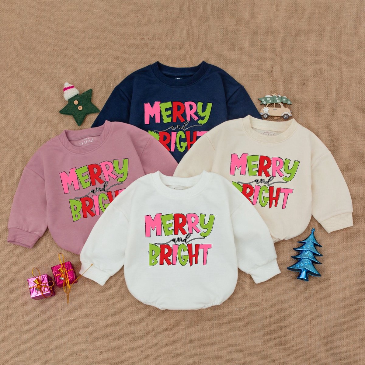 Merry and Bright Baby Romper Christmas Infant Clothes Baby Holiday Outfit Baby Sweatshirt Romper Bab 160