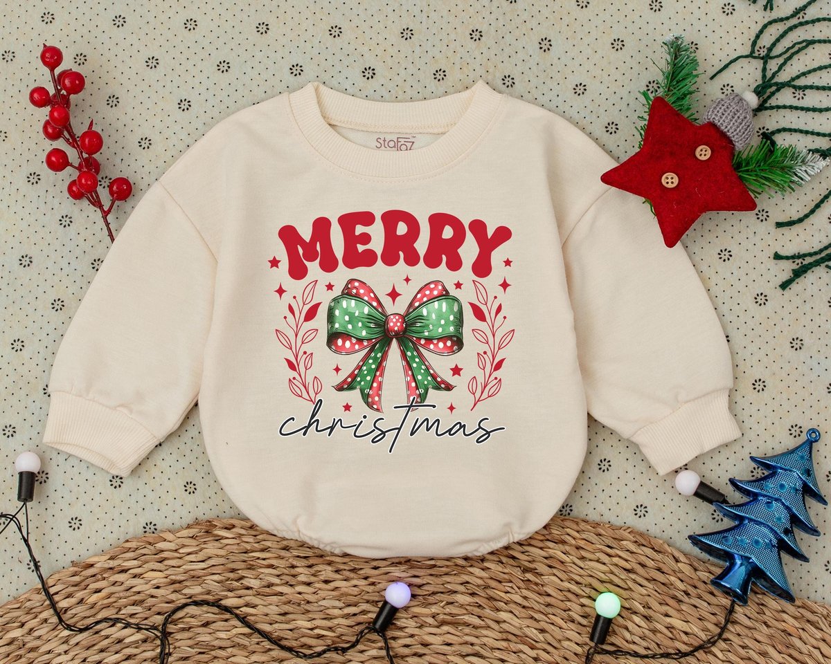 Merry Christmas Bow Romper First Christmas Clothes Toddler Sweatshirt Baby Shower Gift Bubble Romper