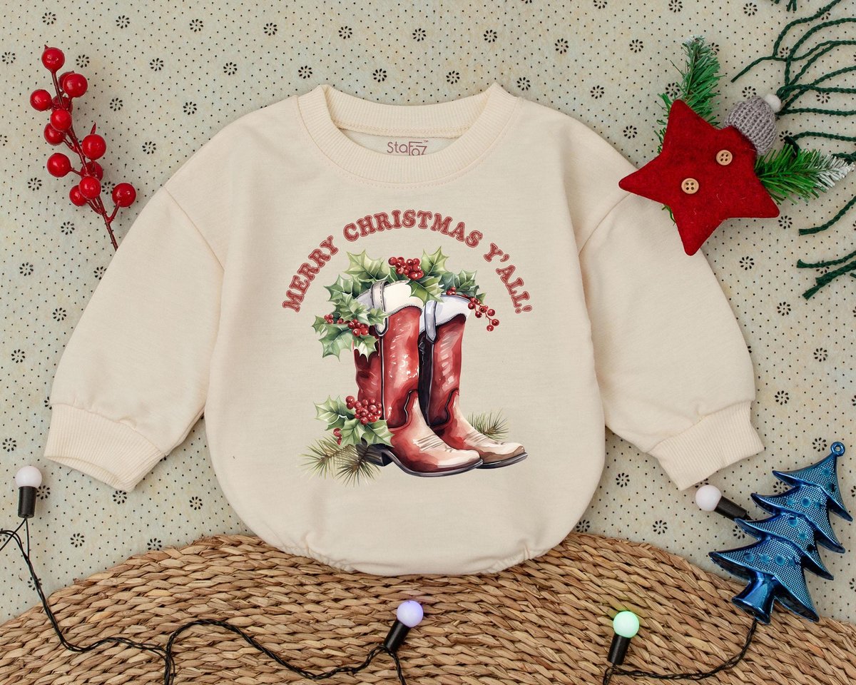 Merry Christmas Y'all Baby Bubble Romper First Christmas Cowboy Cowgirl Clothes Toddler Sweatshirt